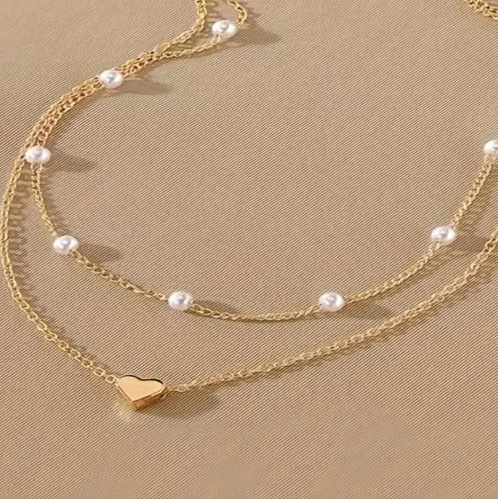 DOUBLE LAYER MINI HEART SIMULATED PEARL NECKLACE - Picture 2 of 4
